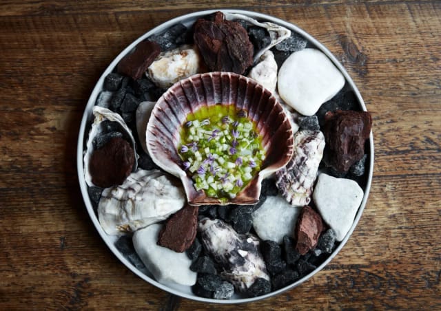 A scallop dish served on shells and stones