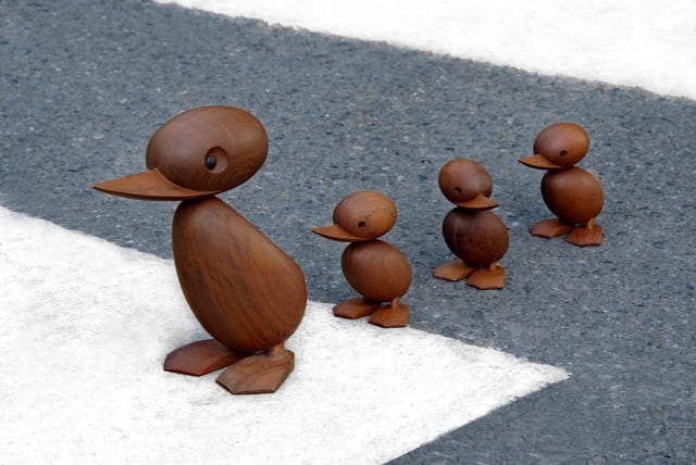 A teak duck and three ducklings on a crossing