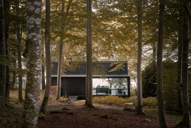 The black steel Shelter among beech trees at Lake Immeln