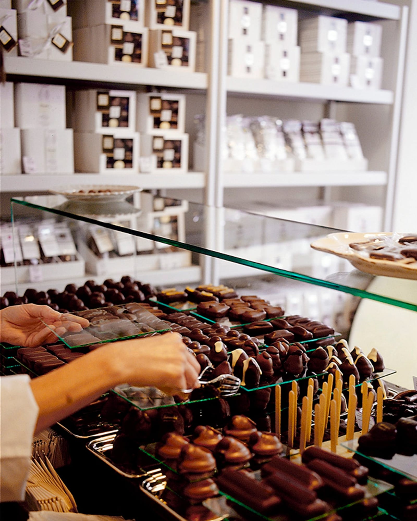 A Summerbird counter with chocolates and white boxes