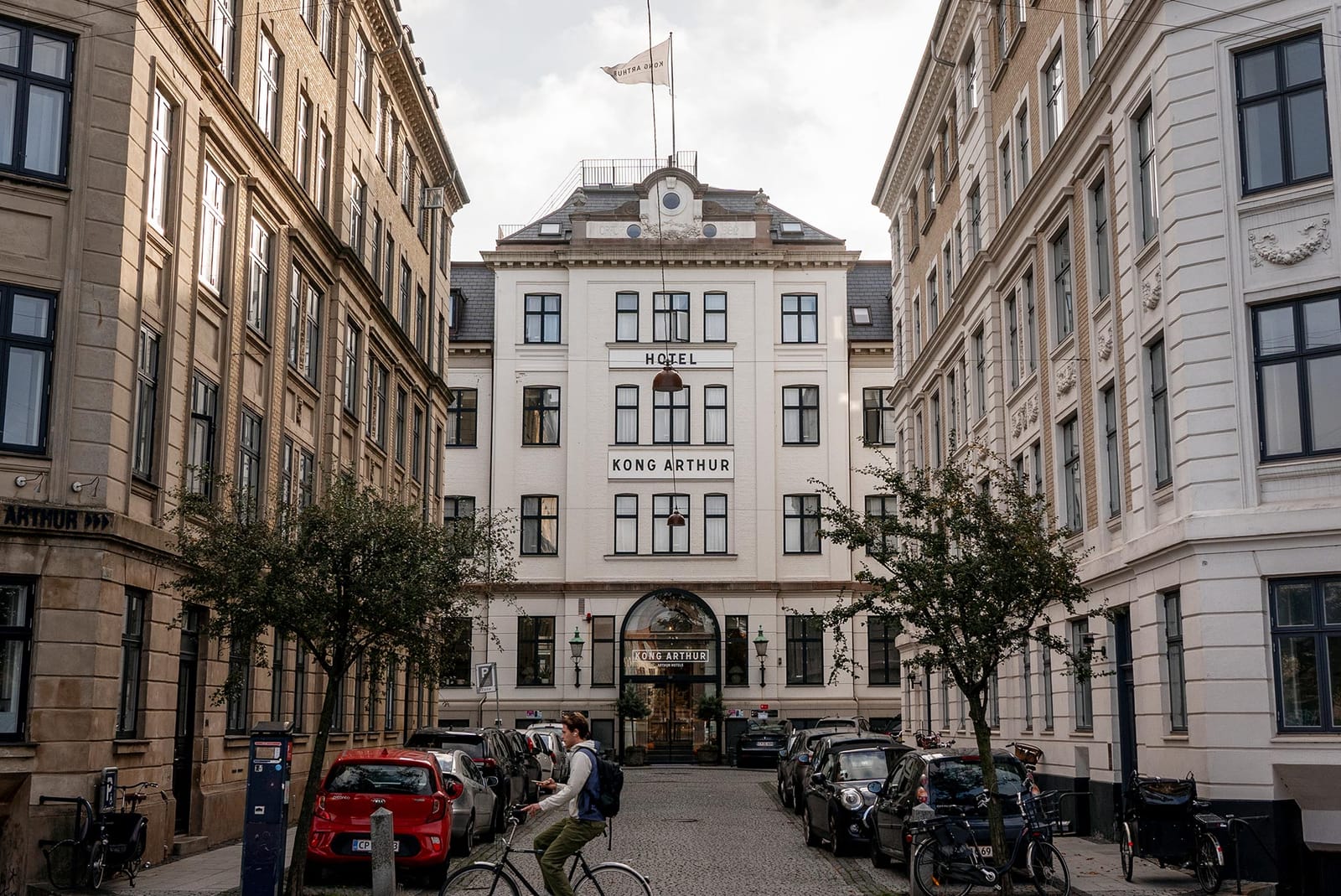 The 1882 façade at the end of a cobbled street