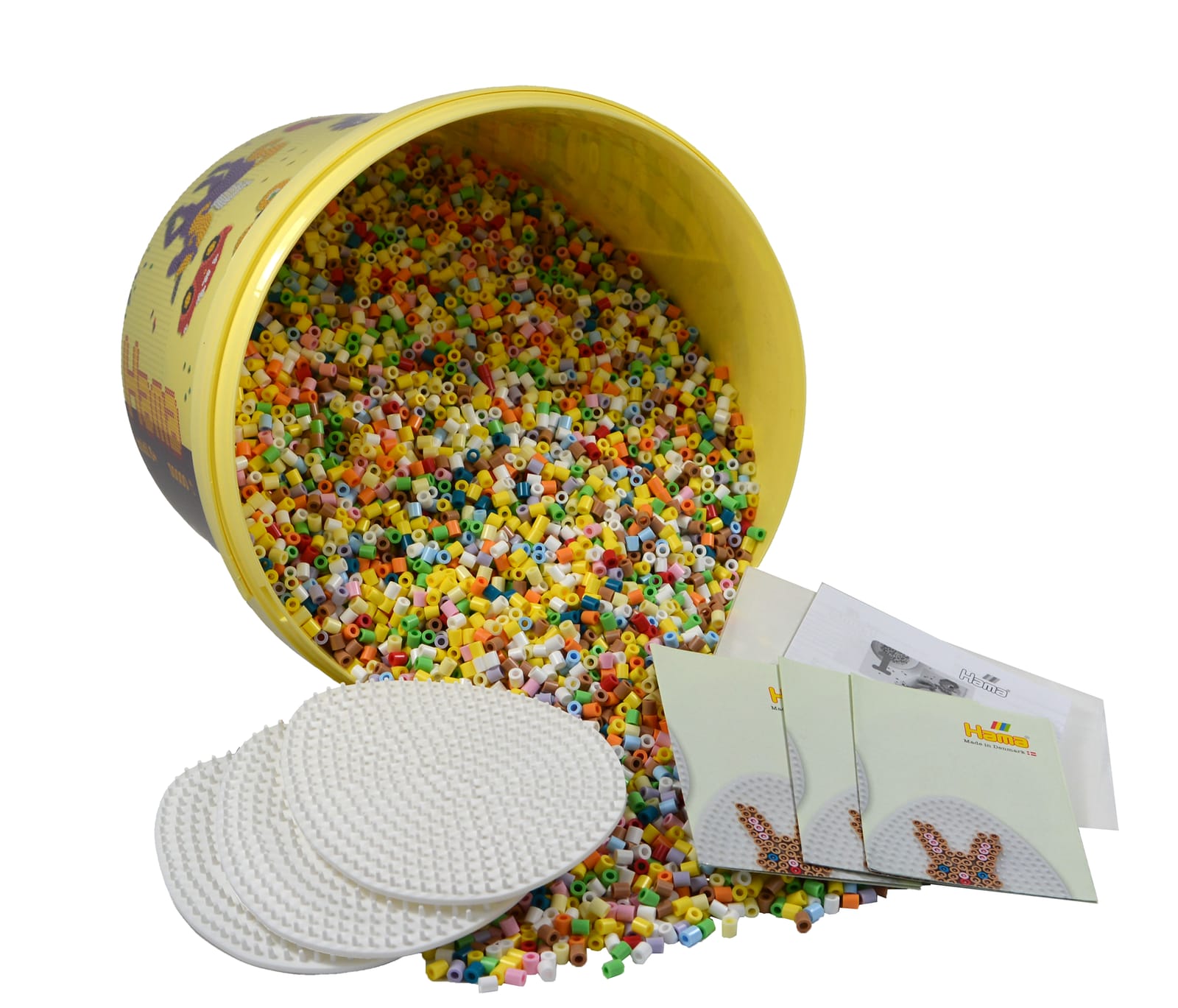 Midi beads in spring colours spilling from a bucket, with round pegboards