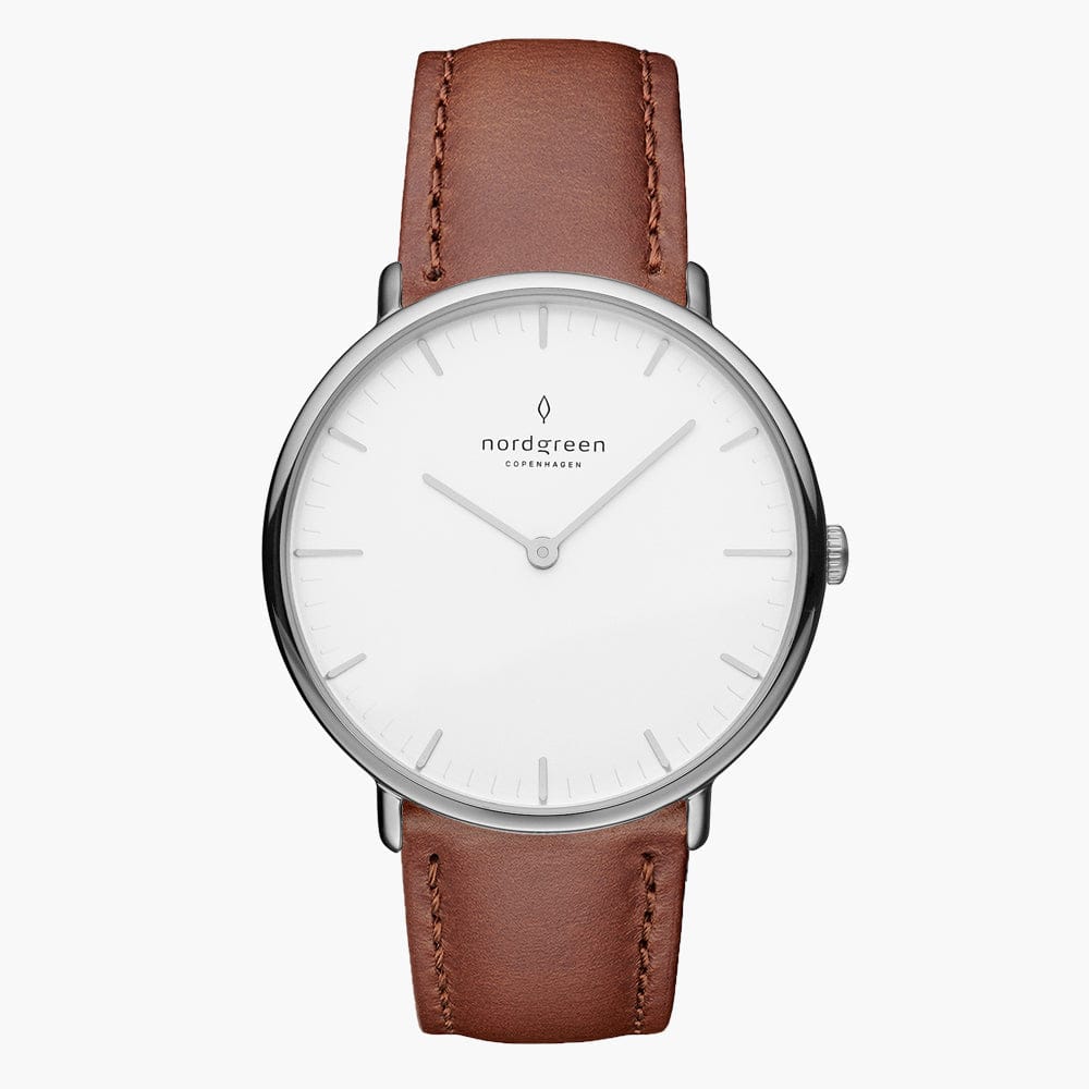 Native, white dial and brown leather strap
