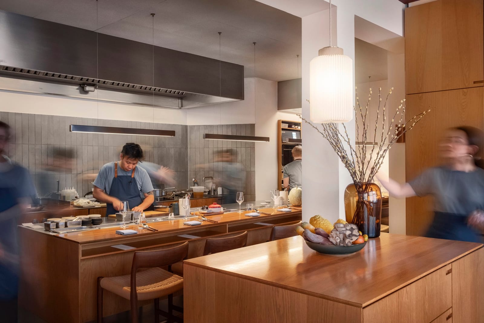 The kitchen counter and dining room