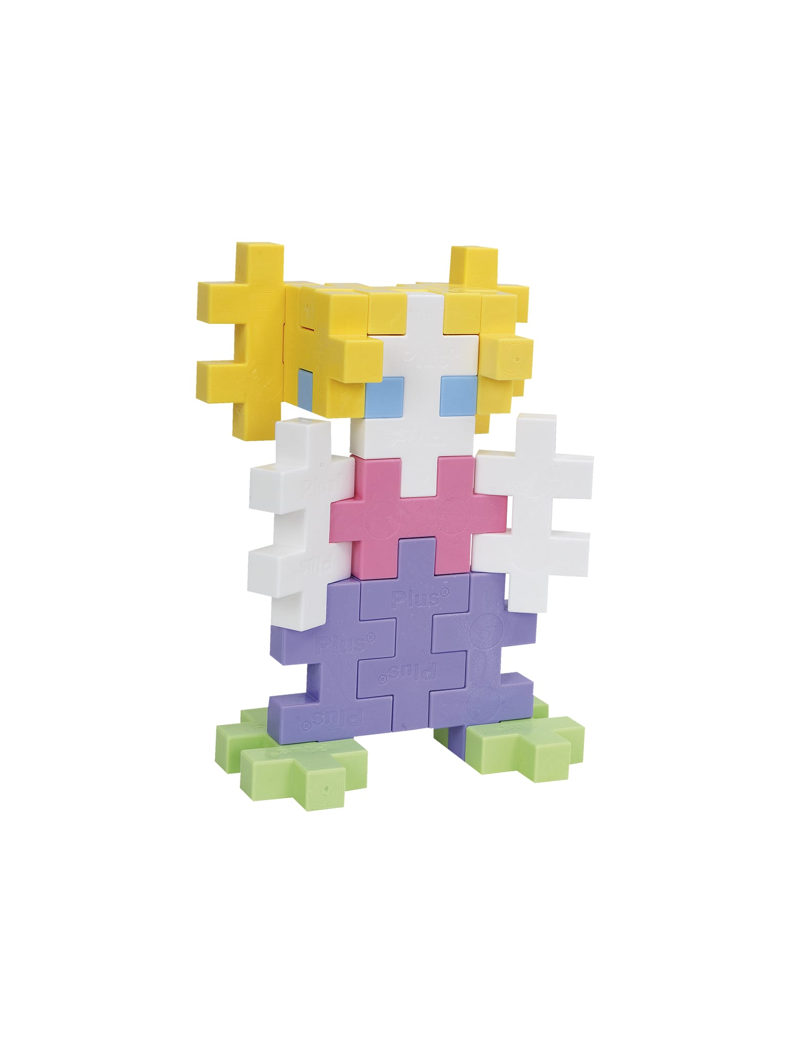 A figure built from pastel Plus-Plus BIG pieces