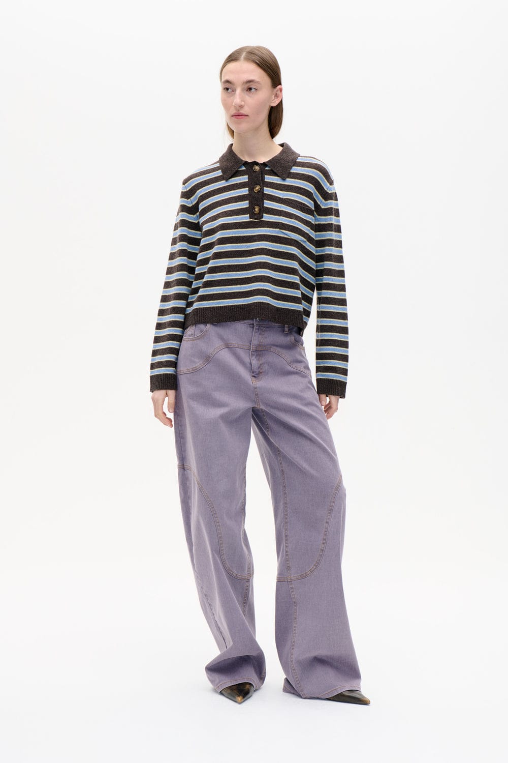 Striped knitted polo sweater with wide lilac trousers