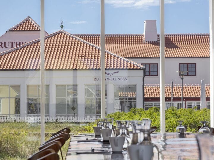 The hotel and its spa building seen from the restaurant