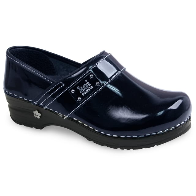 The Lindsey clog in blue patent leather with the koi plate