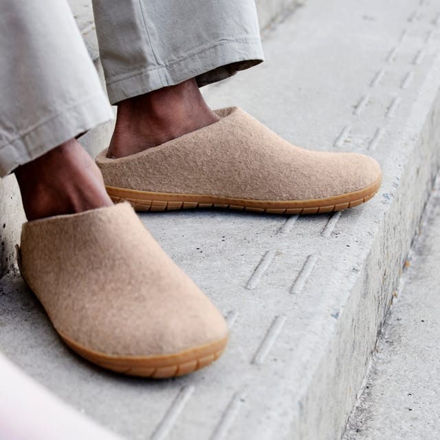 Felted wool slip-ons in sand with rubber soles