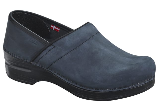 A closed Sanita clog in dark blue oiled leather