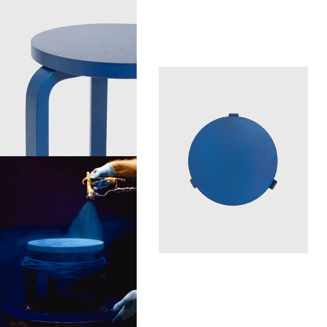 The Stool 60 in Bothnia Blue and its stain being sprayed