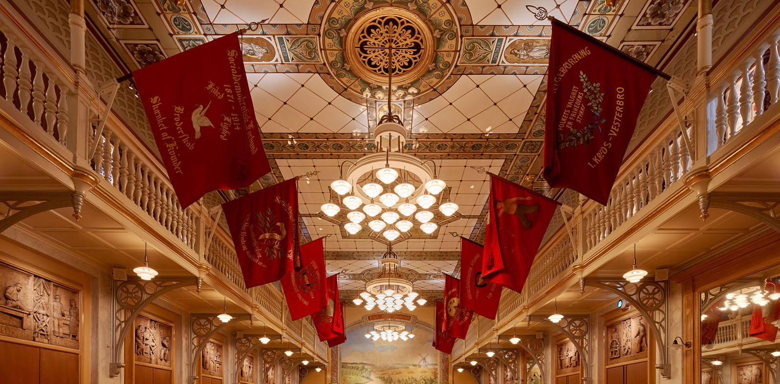The Banquet Hall with union banners, galleries and painted ceiling