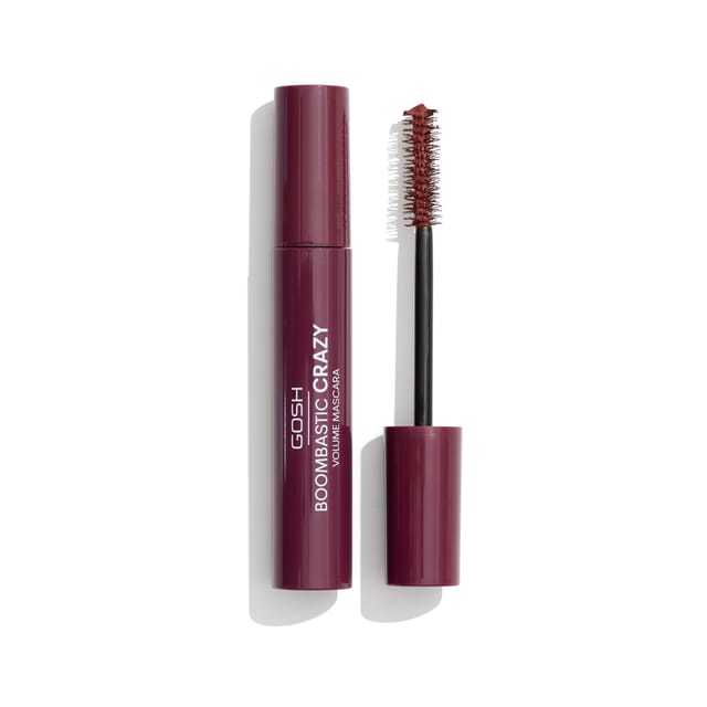 GOSH Boombastic Crazy Mascara in Burgundy Red, tube and brush