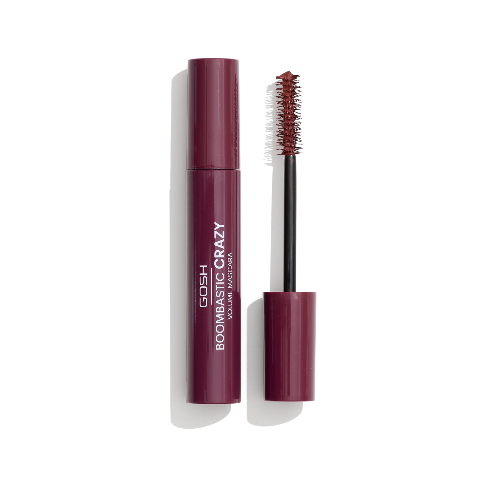 GOSH Boombastic Crazy Mascara in Burgundy Red, tube and brush