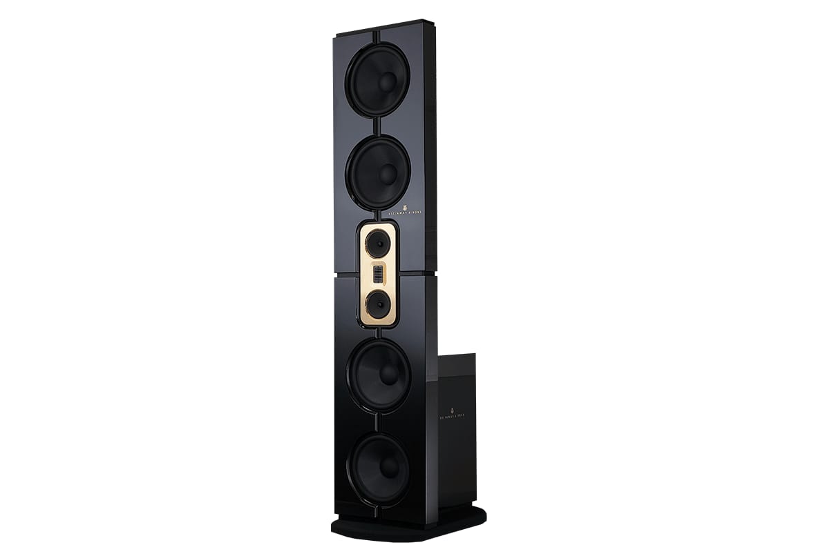 A Model D loudspeaker in black with gold accents
