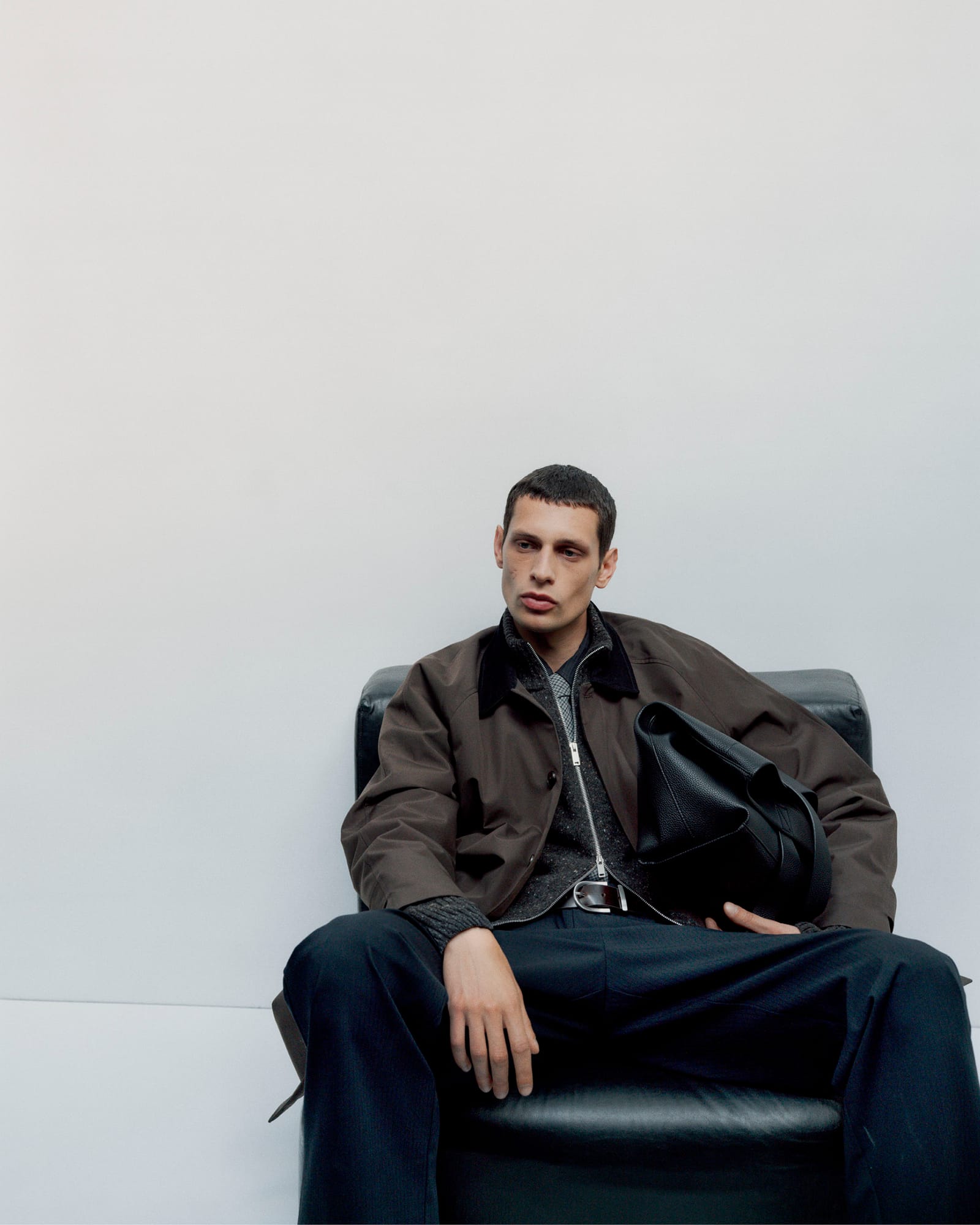 Autumn/winter 2026 menswear: jacket with corduroy collar and wide trousers
