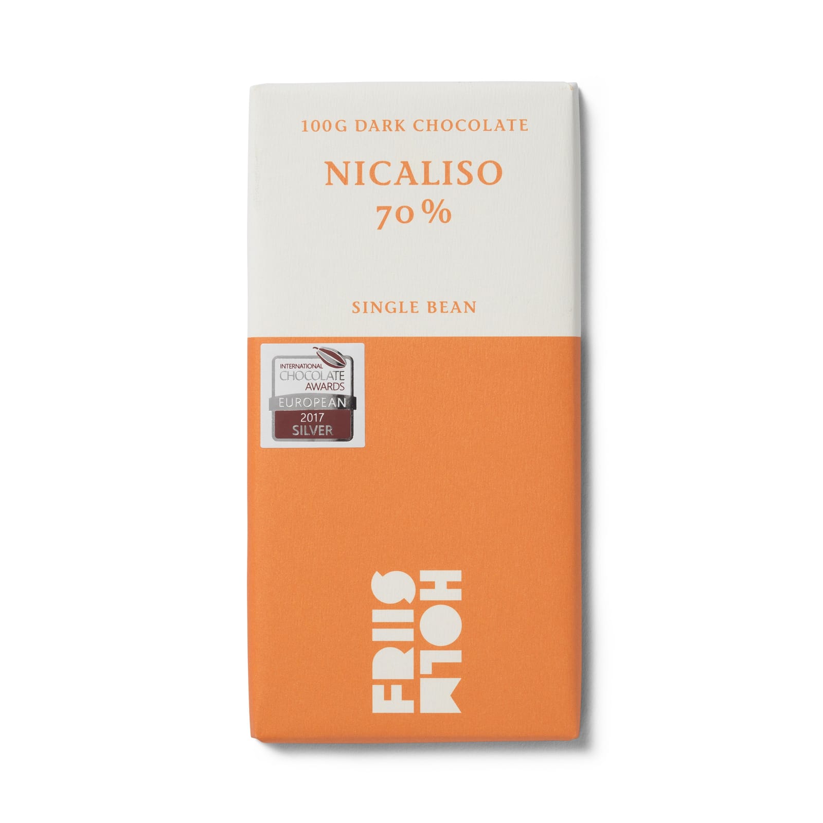 Nicaliso 70% bar in its orange wrapper, with its 2017 European silver medal sticker