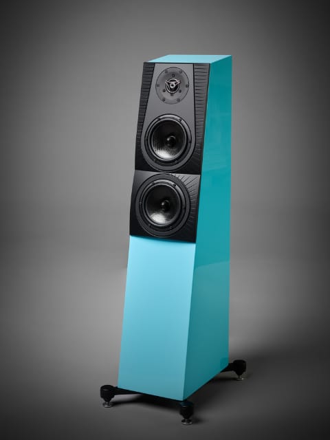 The Gro floorstanding speaker in turquoise