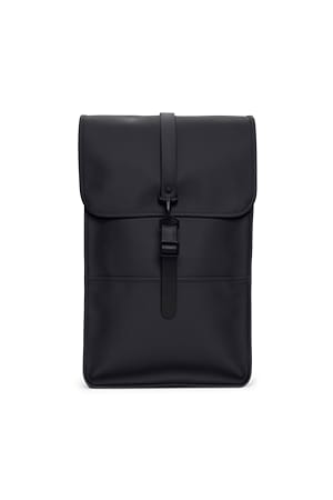 A black Rains backpack in coated fabric