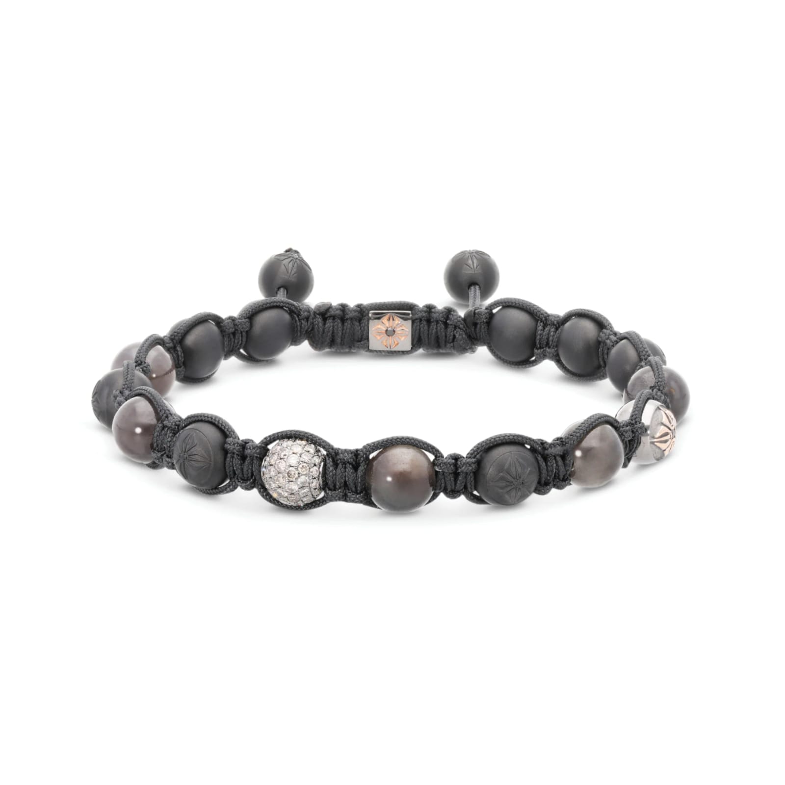 Braided bracelet of dark beads with a diamond pavé bead