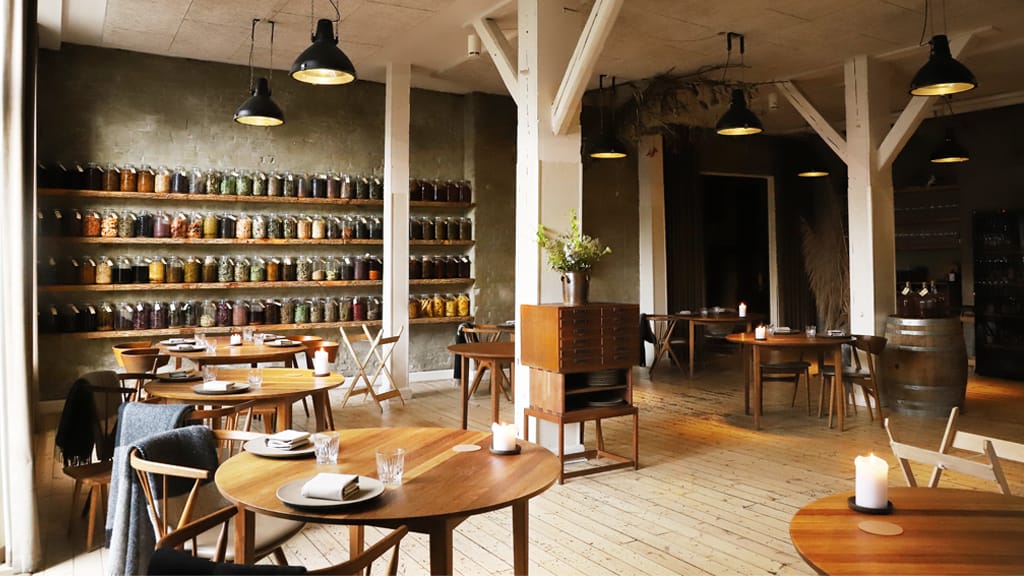 The dining room, with shelves of preserves