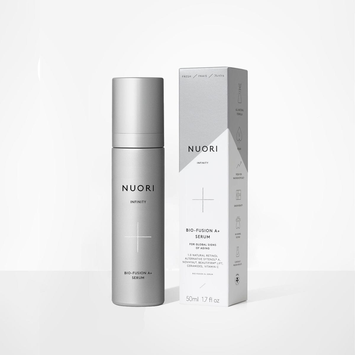 Infinity Bio-Fusion A+ Serum, silver pump bottle and box