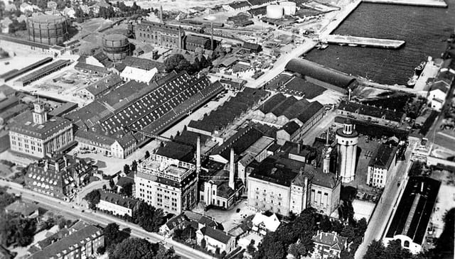 The Tuborg brewery on the harbour at Hellerup, seen from the air