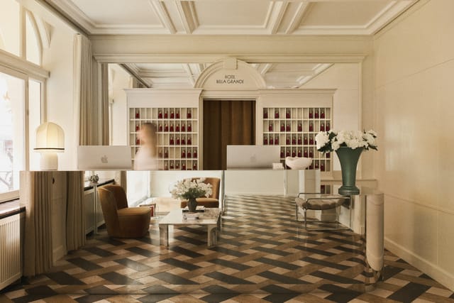 The reception with its chequered floor