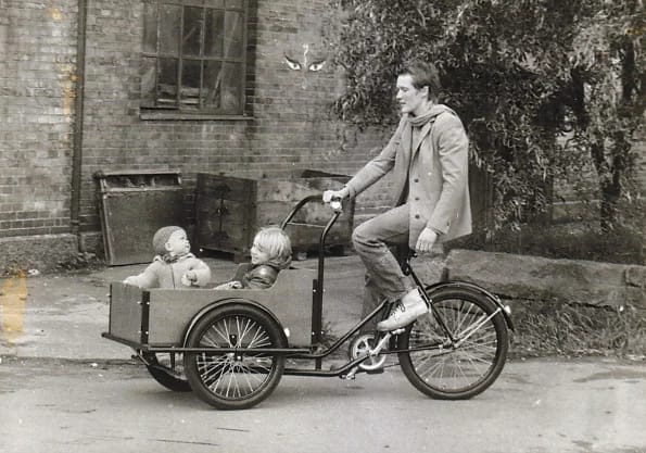 The first Christiania bike, 1984, with two children in the box
