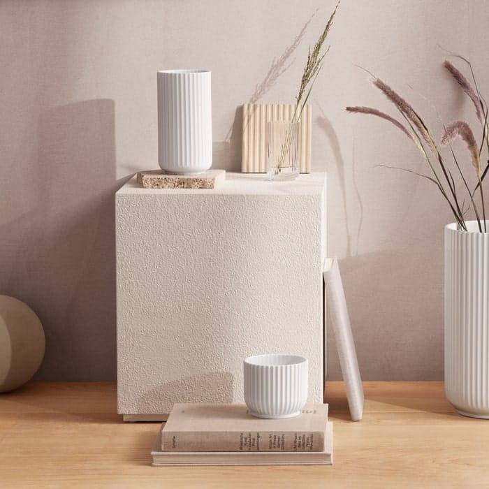 Lyngby vases in white porcelain and glass, in a styled room