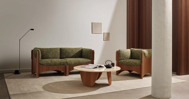 Bug two-seater and chair in walnut and green, with a marble-topped Bug table