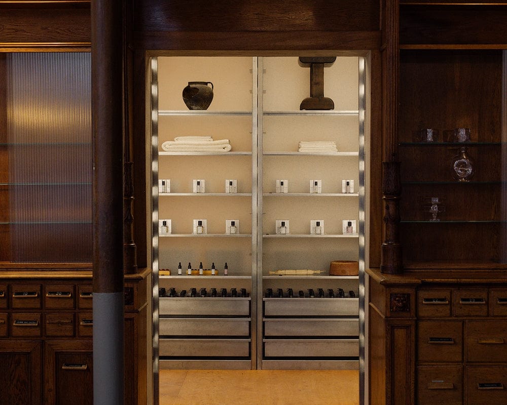 The studio store in Copenhagen: shelves of FRAMA care products