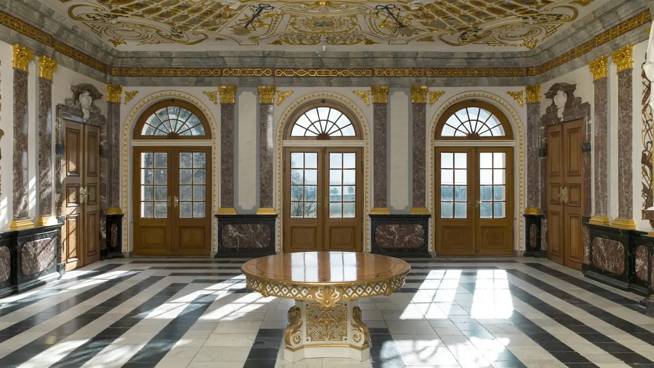 The Dining Hall with marble pilasters, a black and white floor and a gilded ceiling