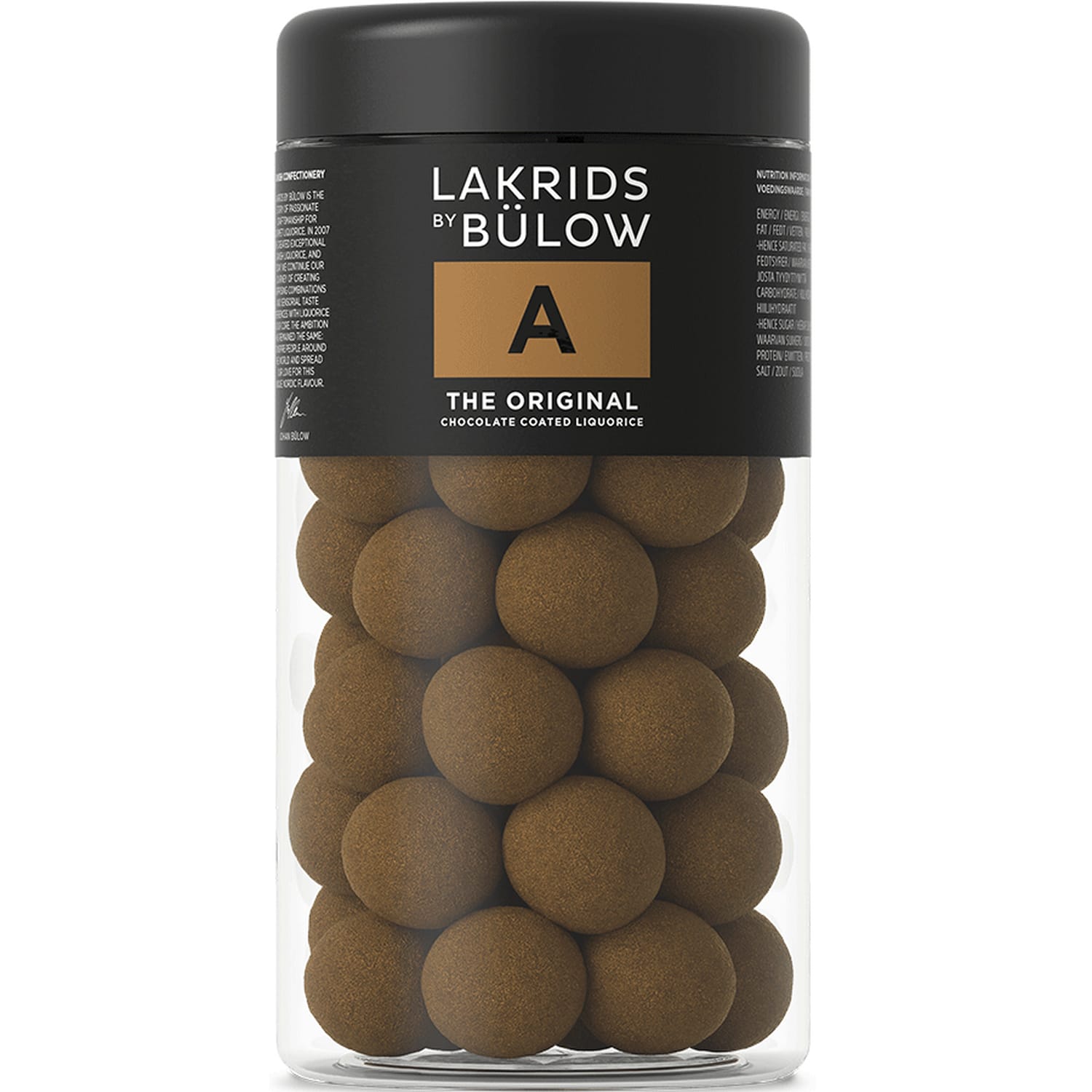 A – The Original, 270 g jar of chocolate-coated liquorice.
