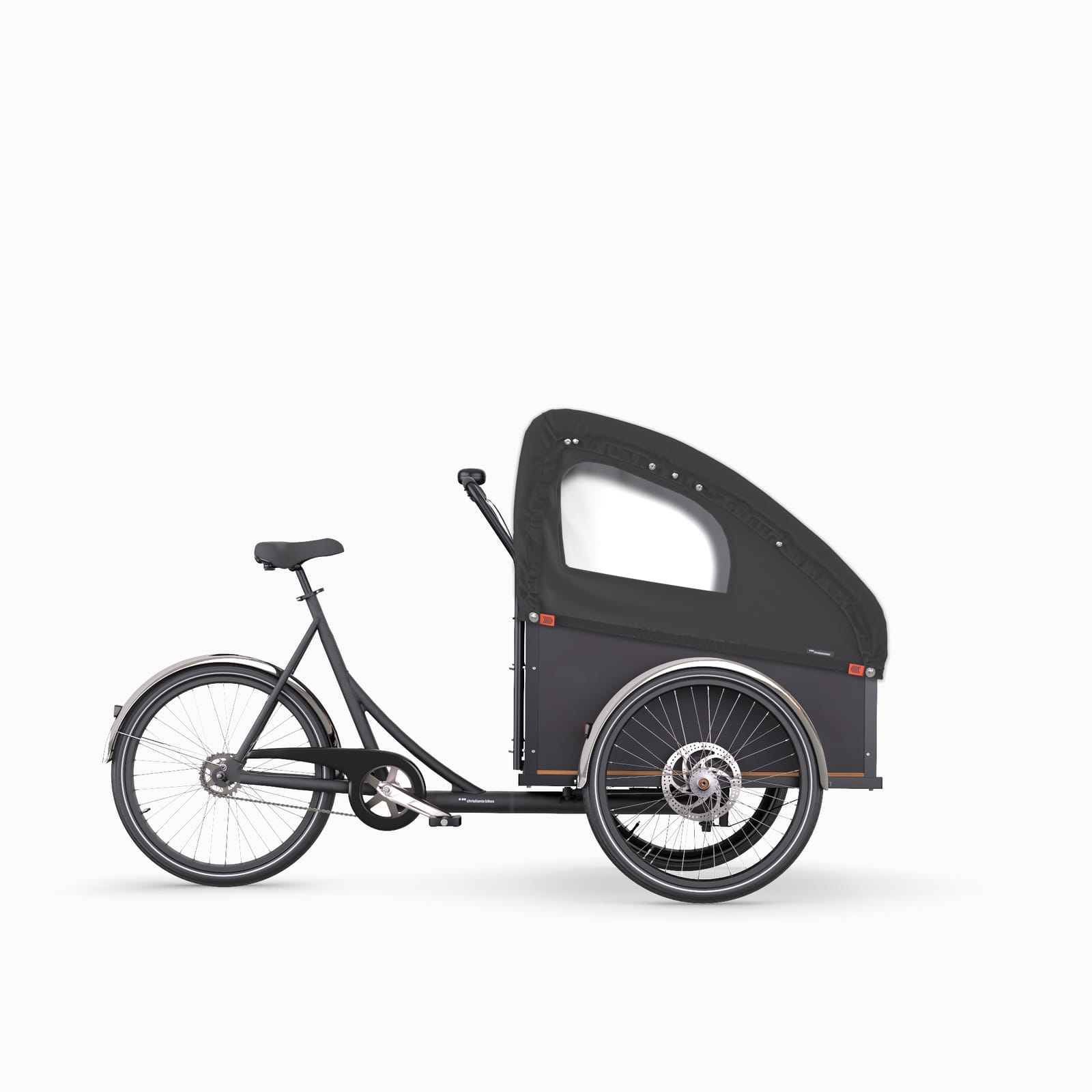 A Christiania bike in black with a rain hood