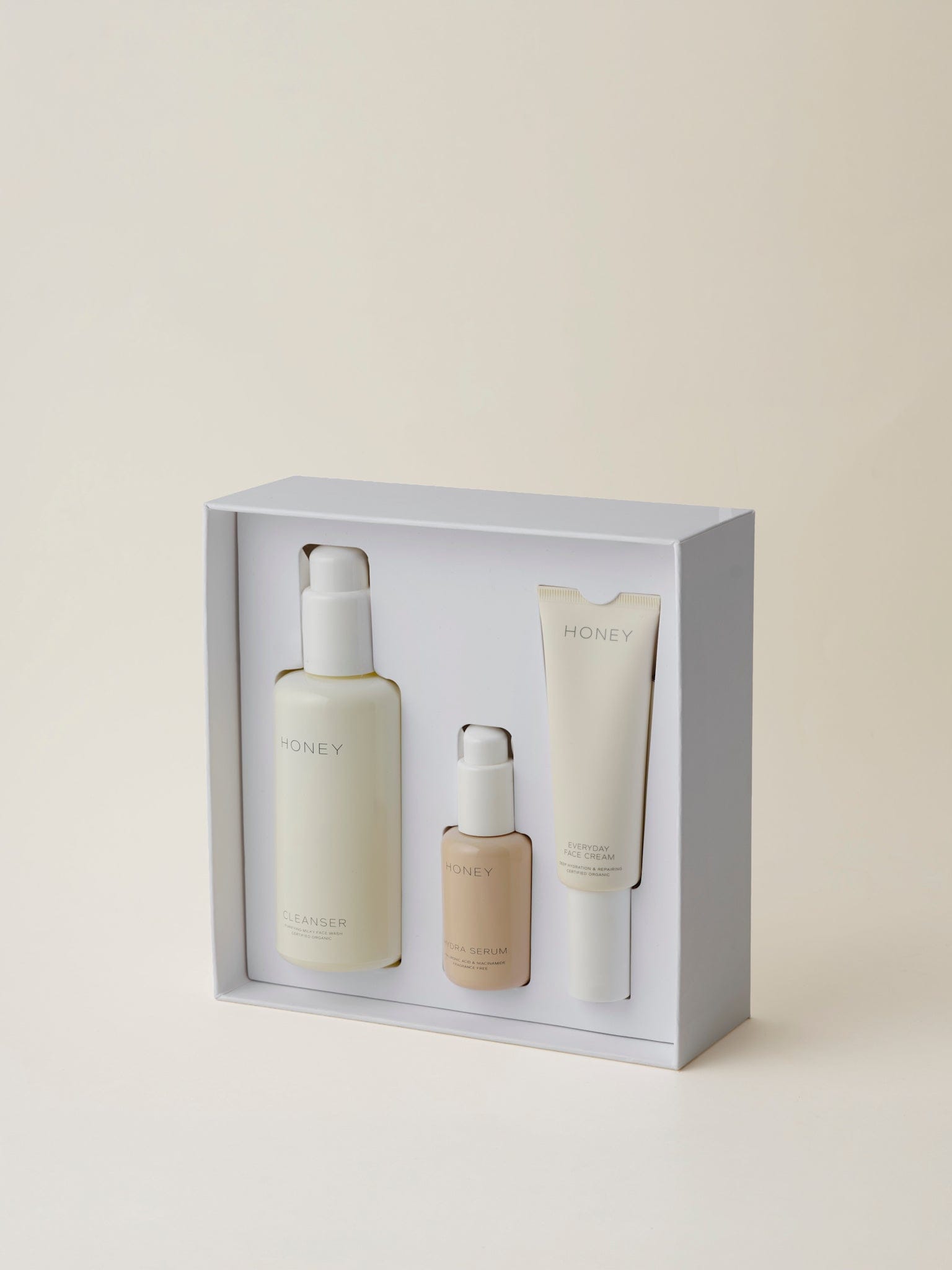 Cleanser, Hydra Serum and Everyday Face Cream in their box
