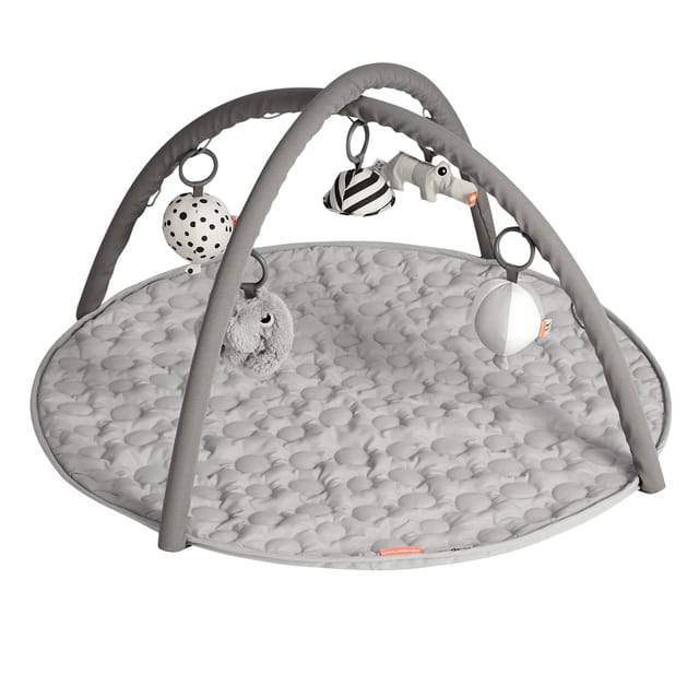 The Activity Play Mat in grey with its two arches and hanging toys