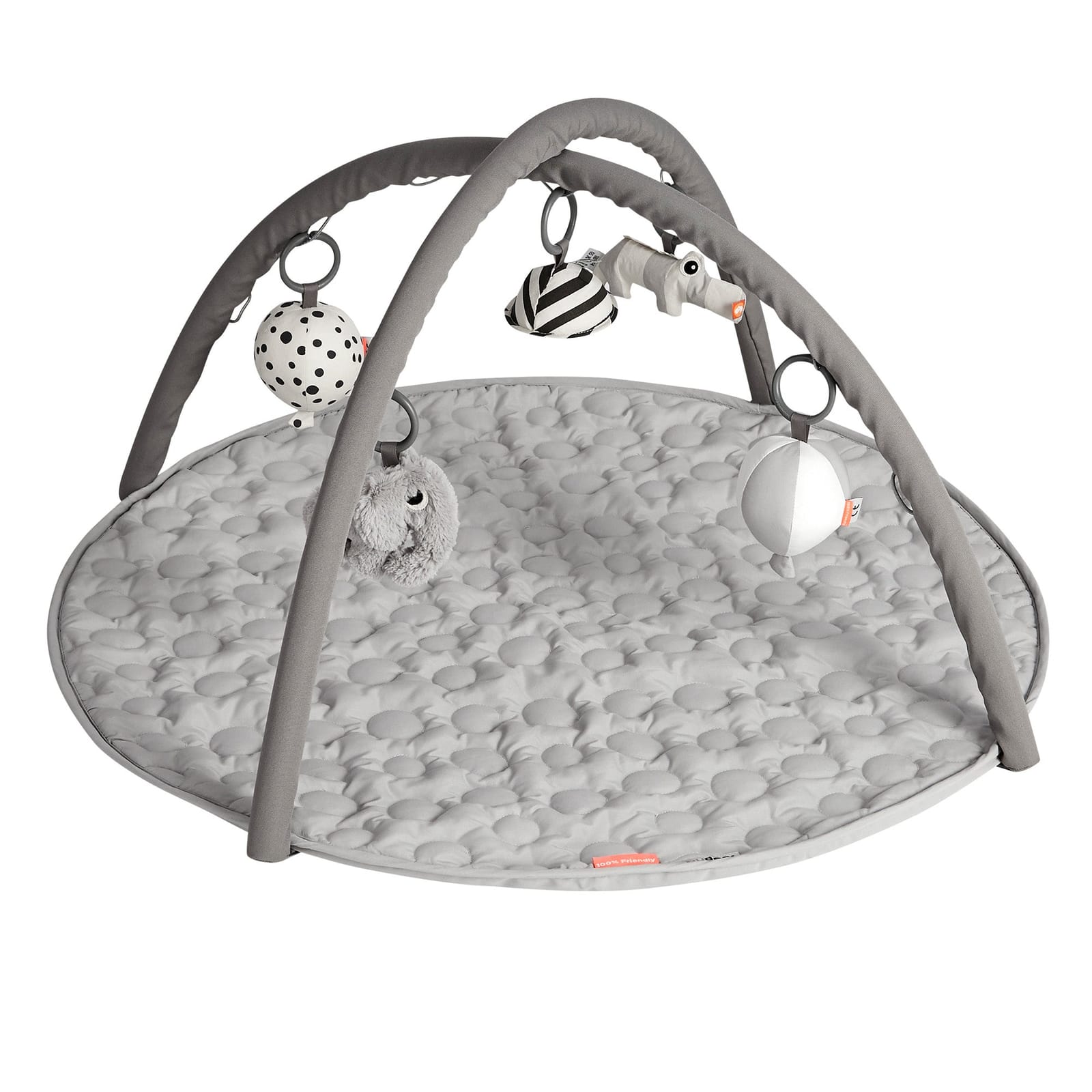 The Activity Play Mat in grey with its two arches and hanging toys