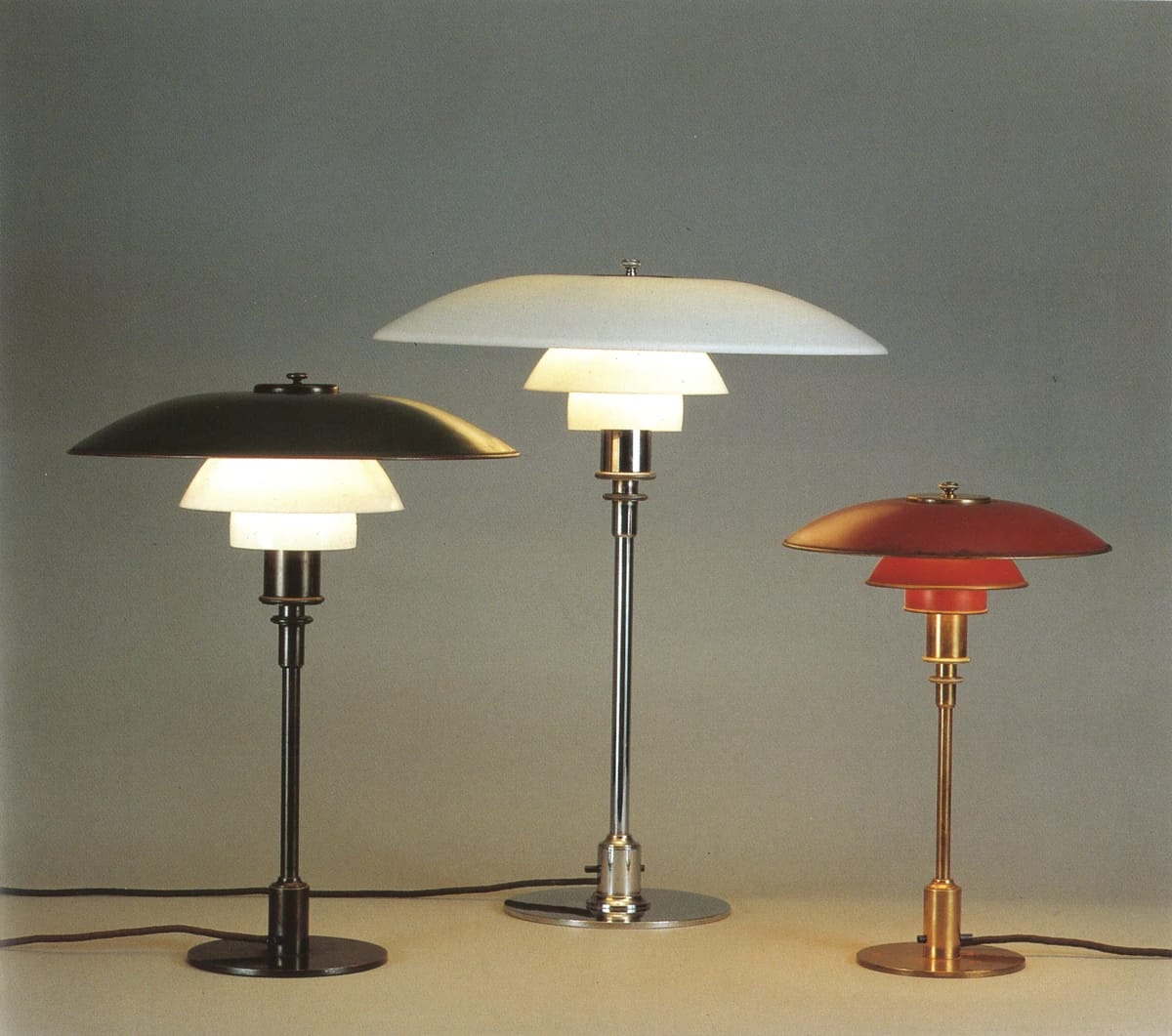 Three early PH three-shade table lamps in metal and glass