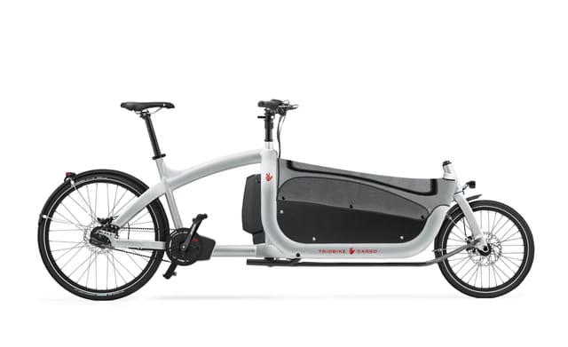 The Triobike cargo in silver with a flat cover, side view