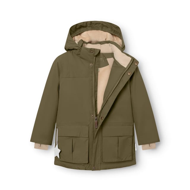 The jacket in olive green, with its reflective star