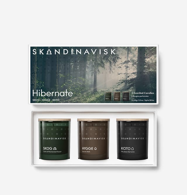 Three scented candles, SKOG, HYGGE and KOTO, in a gift box