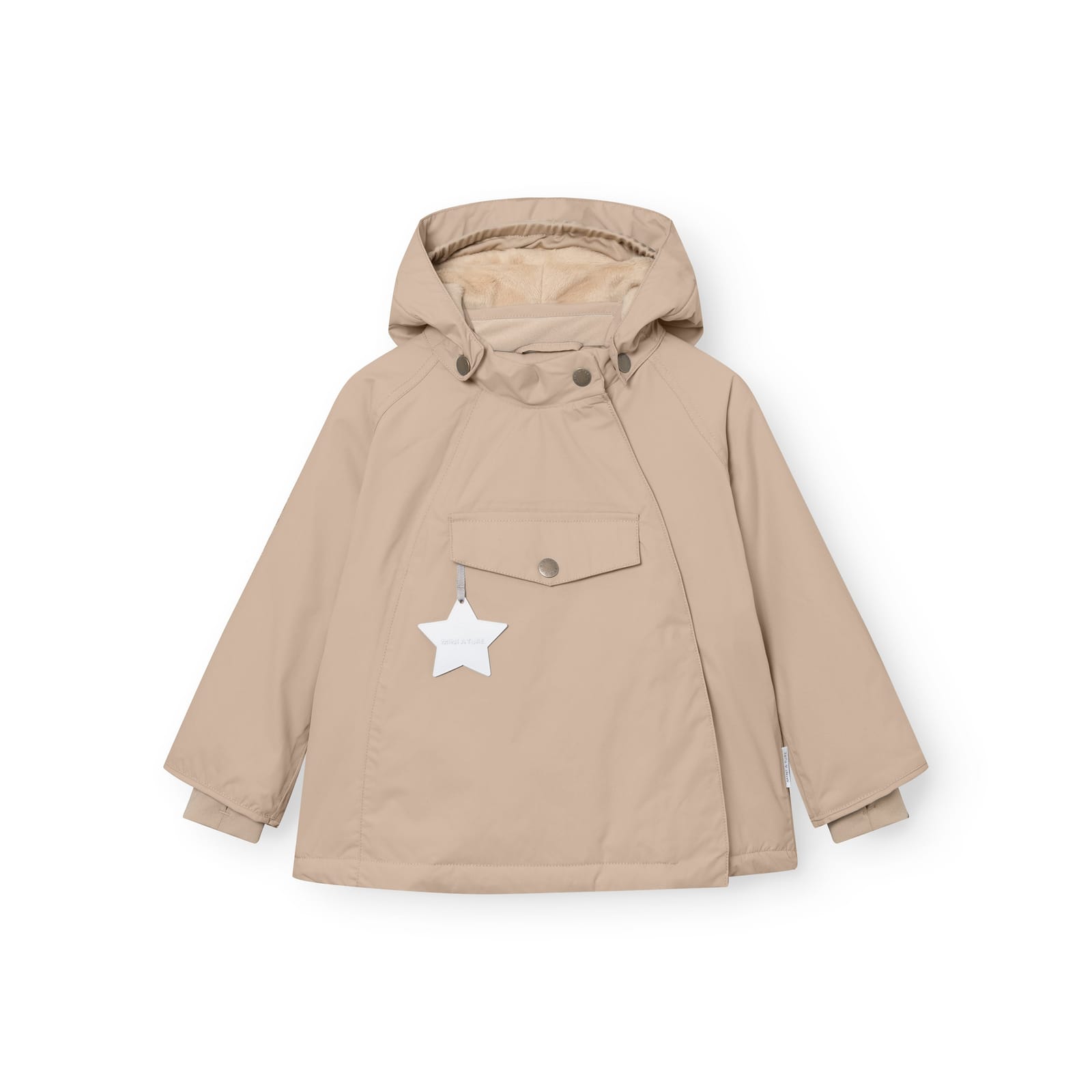 The MATWANG fleece-lined winter jacket in sand, with its star reflector