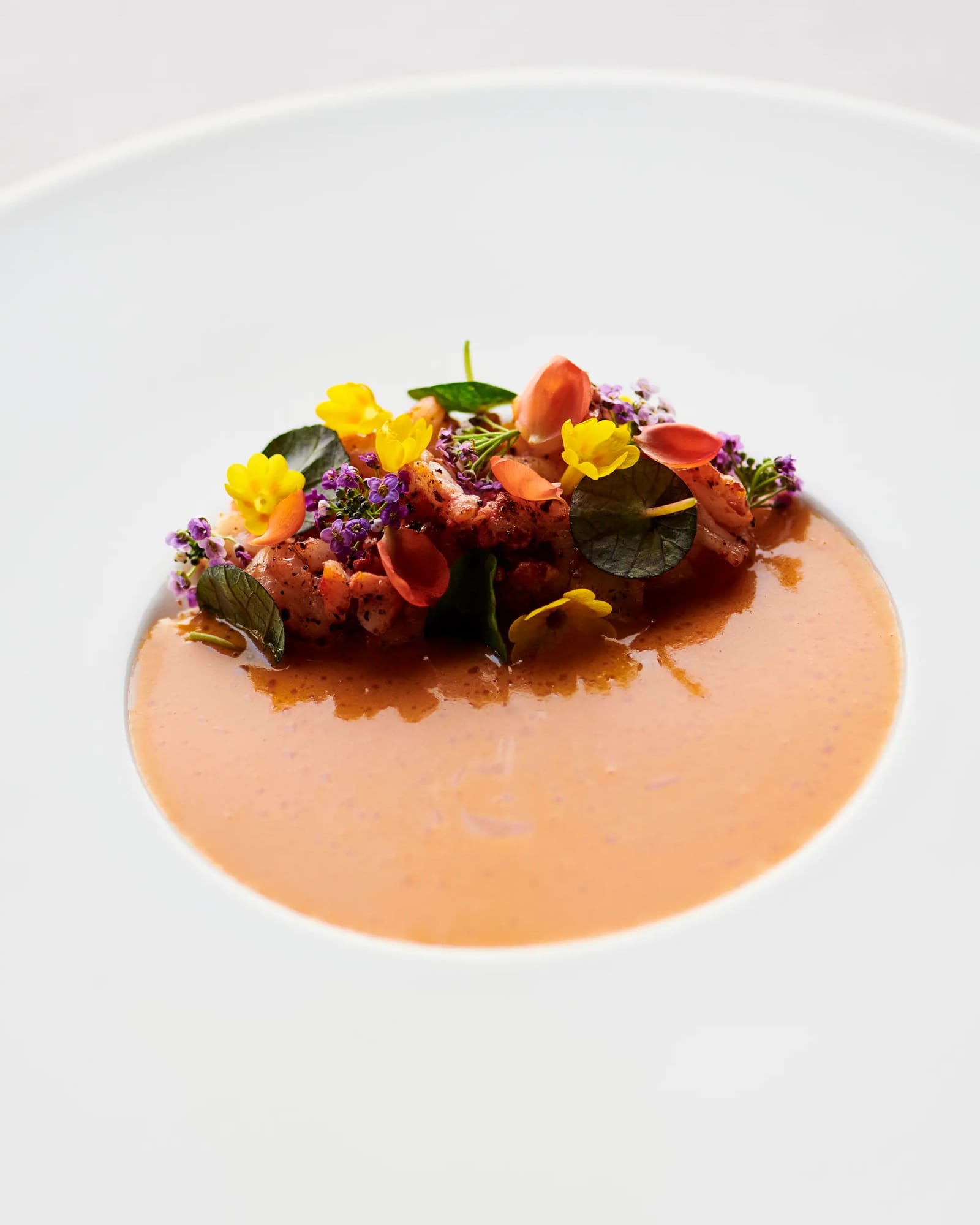 Shellfish in a bisque with flowers