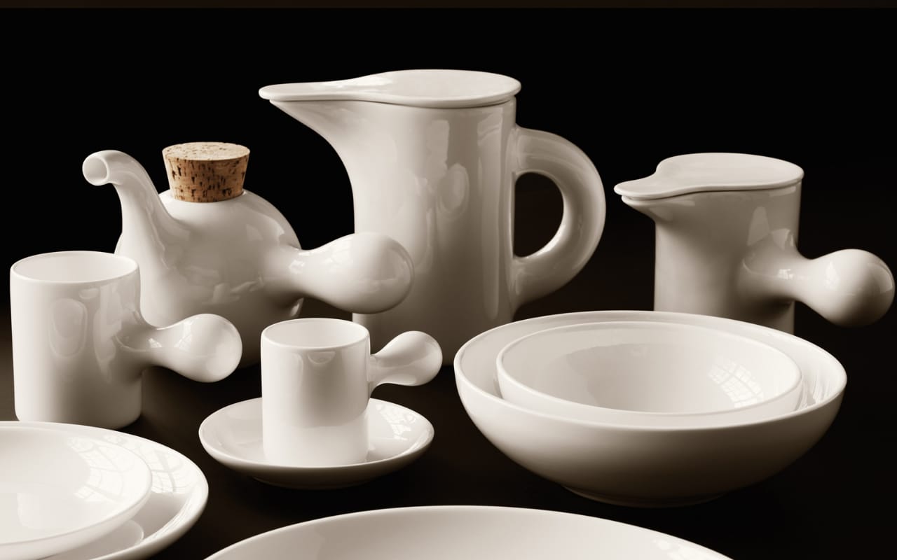 Familia cups, jugs, teapot and bowls in white china
