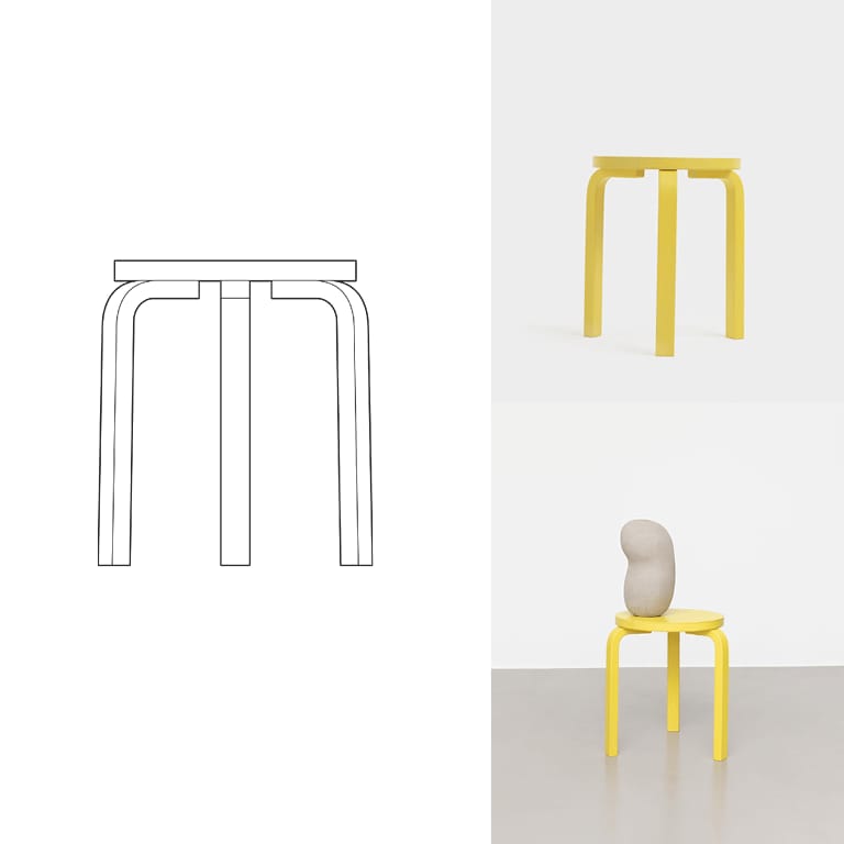 The Stool 60 in Factory Yellow, beside a line drawing of the stool