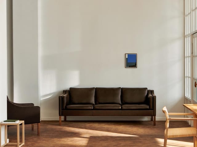 The 2213 Sofa in dark brown leather in a sunlit room