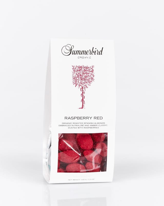 Raspberry Red dragée almonds coated in raspberry powder