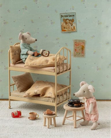 Maileg mice with a bunk bed and miniature furniture