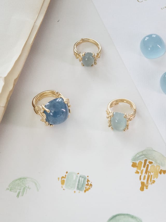 BoHo rings with aquamarine cabochons
